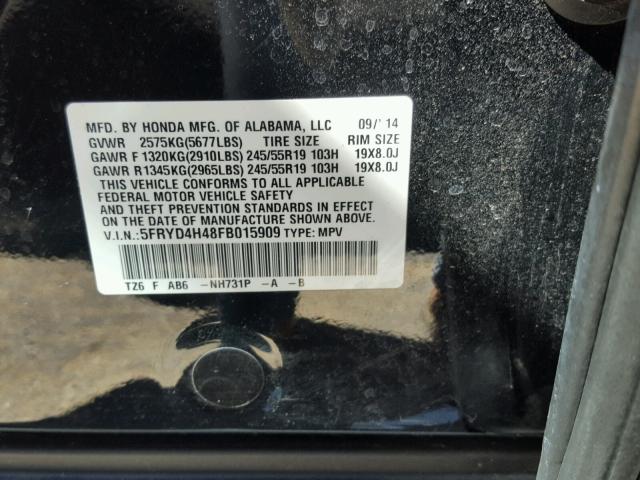 5FRYD4H48FB015909 - 2015 ACURA MDX TECHNO BLACK photo 10