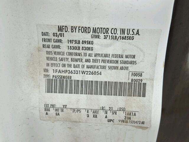 1FAHP36331W226054 - 2001 FORD FOCUS SE WHITE photo 10