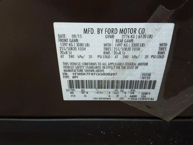 1FM5K7F87GGB09297 - 2016 FORD EXPLORER L CHARCOAL photo 10