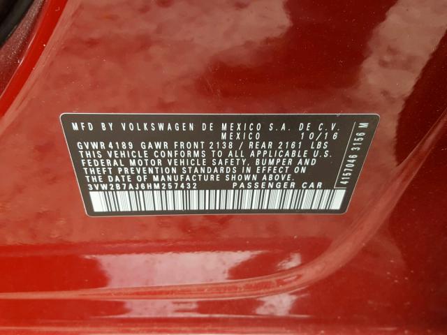 3VW2B7AJ6HM257432 - 2017 VOLKSWAGEN JETTA S 红色 照片 10