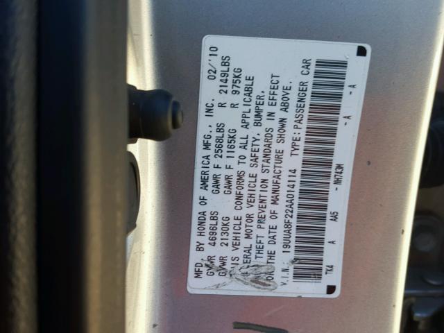 19UUA8F22AA014114 - 2010 ACURA TL SILVER photo 10