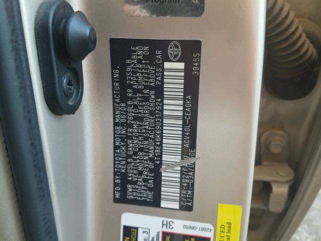 4T1BE46K69U317924 - 2009 TOYOTA CAMRY BASE GOLD photo 10