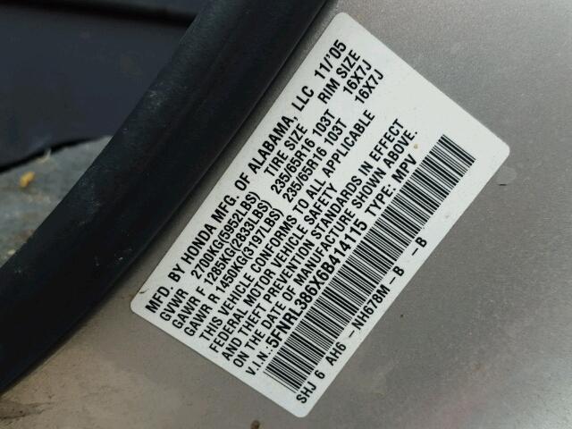 5FNRL386X6B414115 - 2006 HONDA ODYSSEY GRAY photo 10