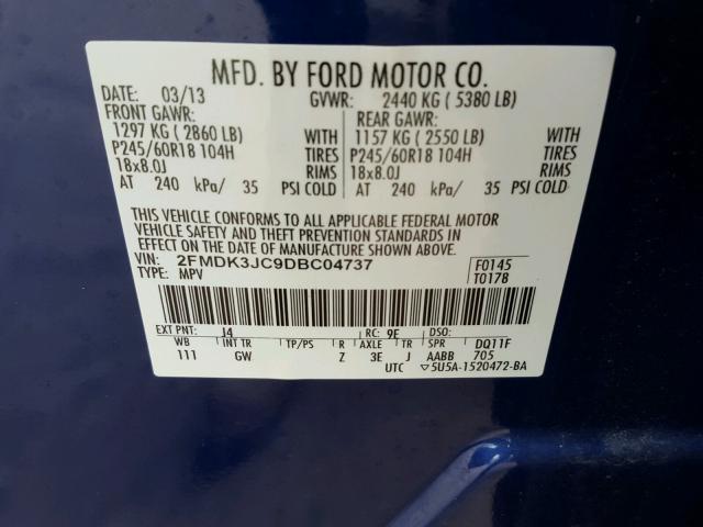 2FMDK3JC9DBC04737 - 2013 FORD EDGE SEL BLUE photo 10