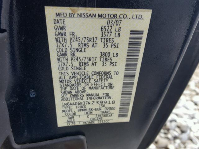 1N6AA06B37N239918 - 2007 NISSAN TITAN XE BLUE photo 10