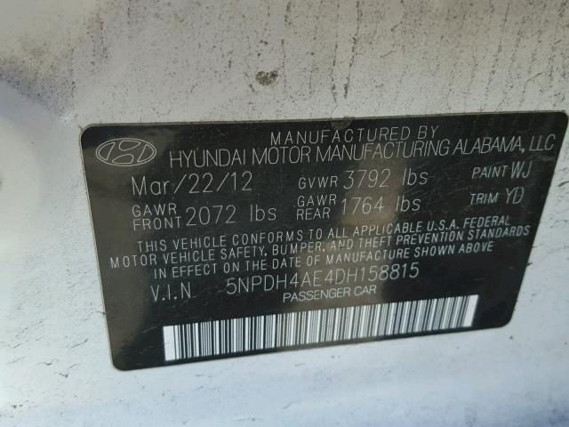 5NPDH4AE4DH158815 - 2013 HYUNDAI ELANTRA GL WHITE photo 10