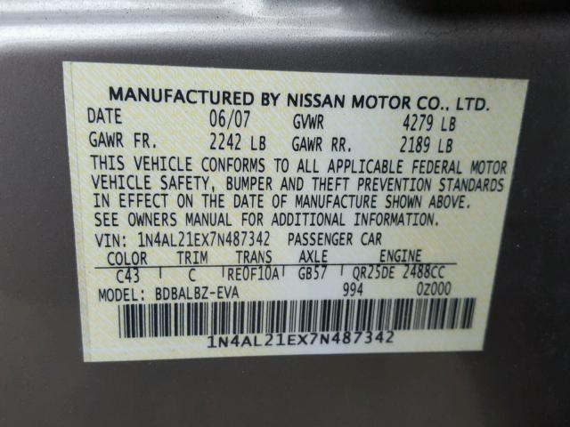 1N4AL21EX7N487342 - 2007 NISSAN ALTIMA 2.5 BROWN photo 10