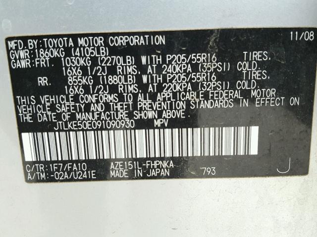 JTLKE50E091090930 - 2009 TOYOTA SCION XB Plata foto 10