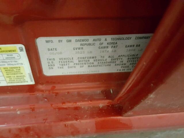 KL1TD56E29B329003 - 2009 CHEVROLET AVEO LS RED photo 10