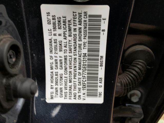 19XFC1F77GE013194 - 2016 HONDA CIVIC EXL 蓝色 照片 10