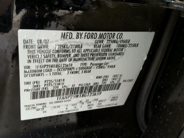 1FAHP25W18G123659 - 2008 FORD TAURUS LIM BLACK photo 10