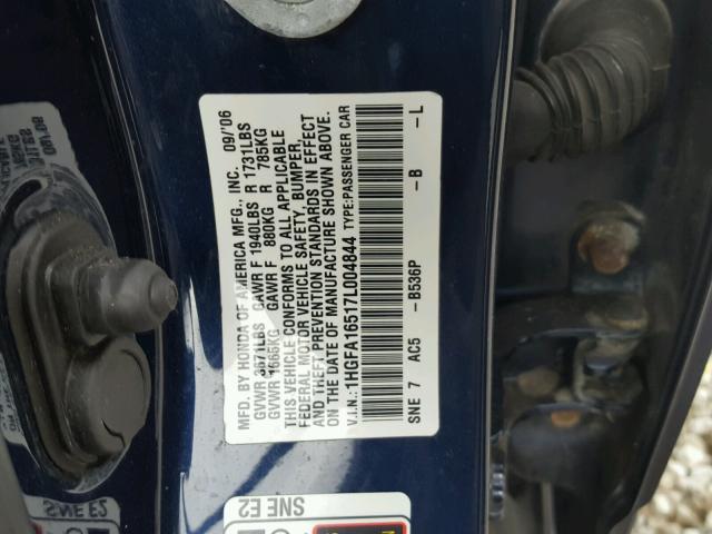 1HGFA16517L004844 - 2007 HONDA CIVIC LX BLUE photo 10