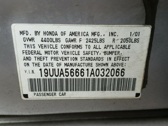 19UUA56661A032066 - 2001 ACURA 3.2TL SILVER photo 10