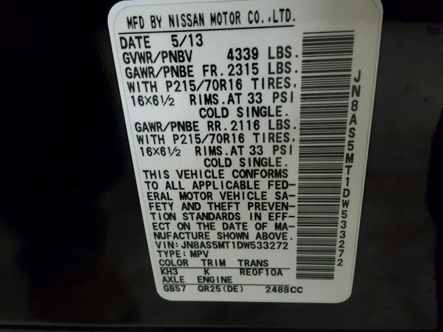 JN8AS5MT1DW533272 - 2013 NISSAN ROGUE S BLACK photo 10