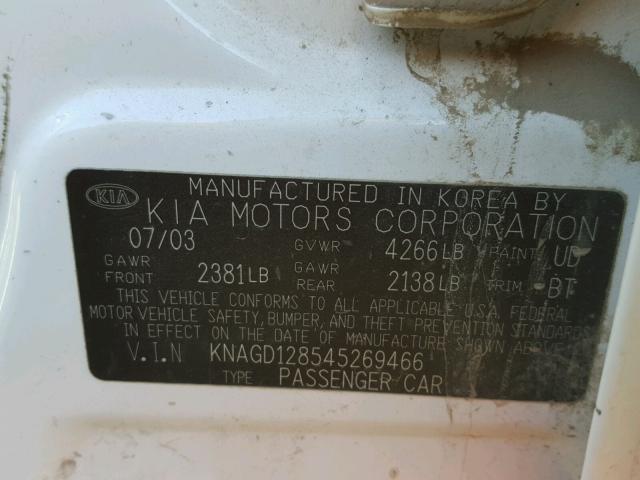 KNAGD128545269466 - 2004 KIA OPTIMA LX WHITE photo 10