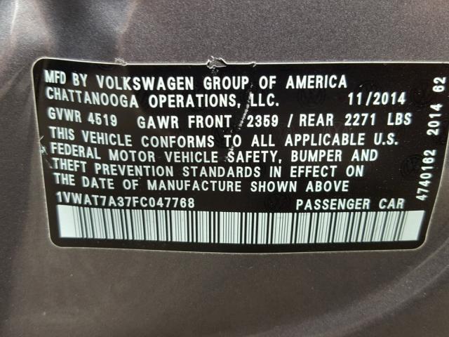 1VWAT7A37FC047768 - 2015 VOLKSWAGEN PASSAT S ნაცრისფერი ფოტო 10