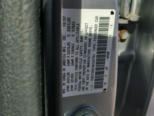 1HGCP26818A026793 - 2008 HONDA ACCORD EXL SILVER photo 10