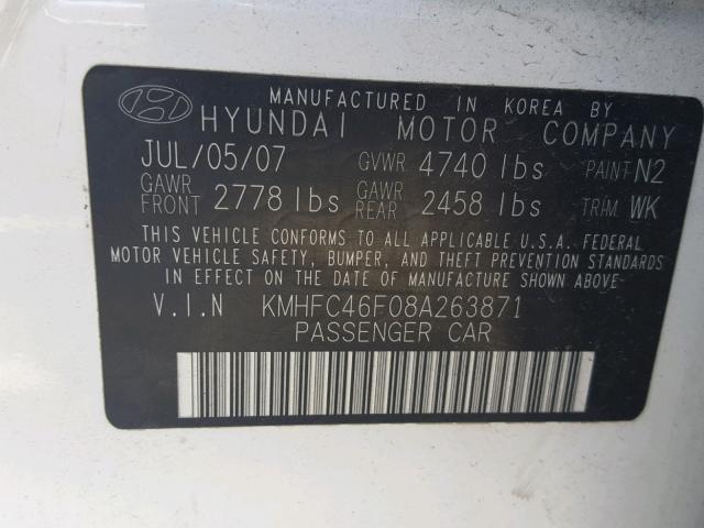 KMHFC46F08A263871 - 2008 HYUNDAI AZERA SE WHITE photo 10