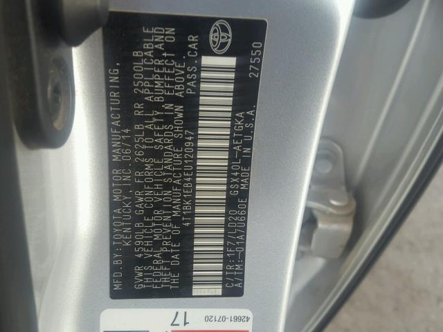 4T1BK1EB4EU120947 - 2014 TOYOTA AVALON SILVER photo 10