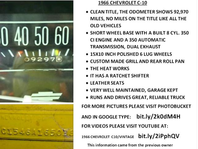 C1546A165038 - 1966 CHEVROLET C10 YELLOW photo 10