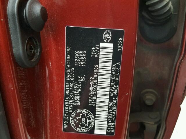 4T1BE32K05U085069 - 2005 TOYOTA CAMRY LE RED photo 10