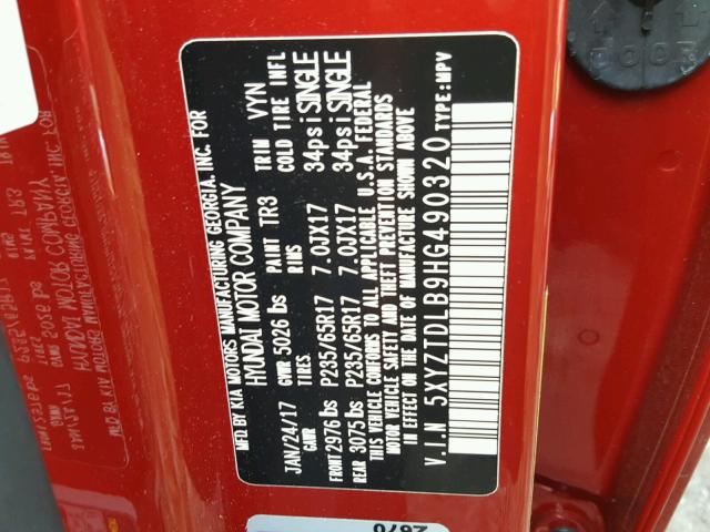 5XYZTDLB9HG490320 - 2017 HYUNDAI SANTA FE S 红色 照片 10