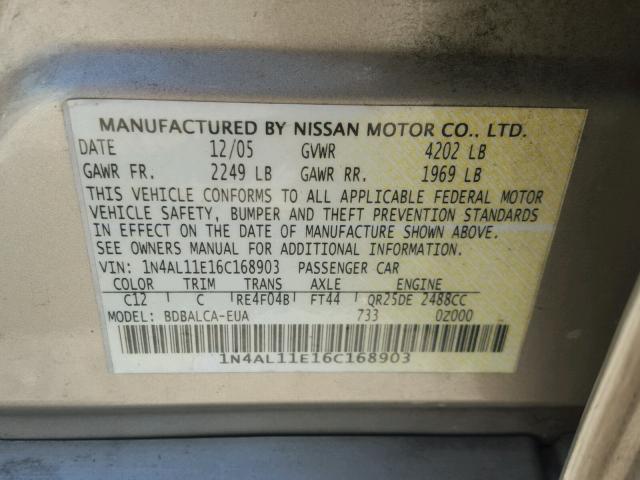 1N4AL11E16C168903 - 2006 NISSAN ALTIMA S GOLD photo 10