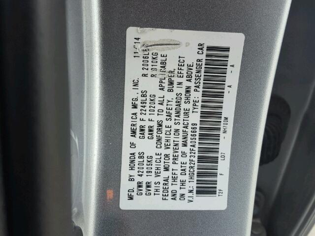 1HGCR2F32FA056669 - 2015 HONDA ACCORD LX SILVER photo 10