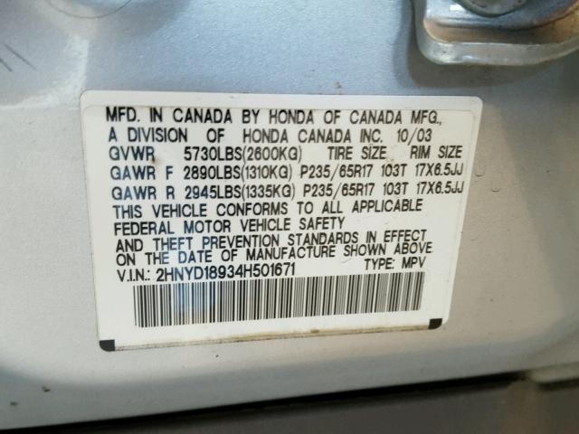 2HNYD18934H501671 - 2004 ACURA MDX SILVER photo 10