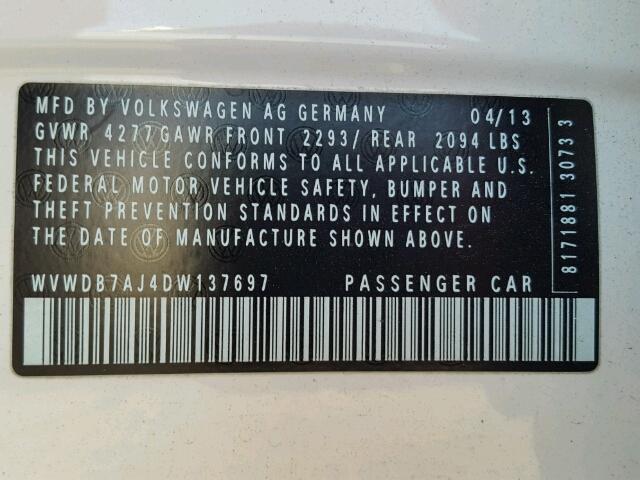 WVWDB7AJ4DW137697 - 2013 VOLKSWAGEN GOLF WHITE photo 10