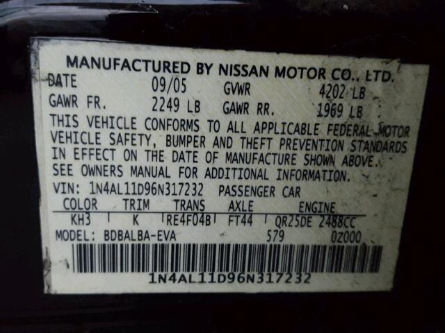 1N4AL11D96N317232 - 2006 NISSAN ALTIMA S BLACK photo 10