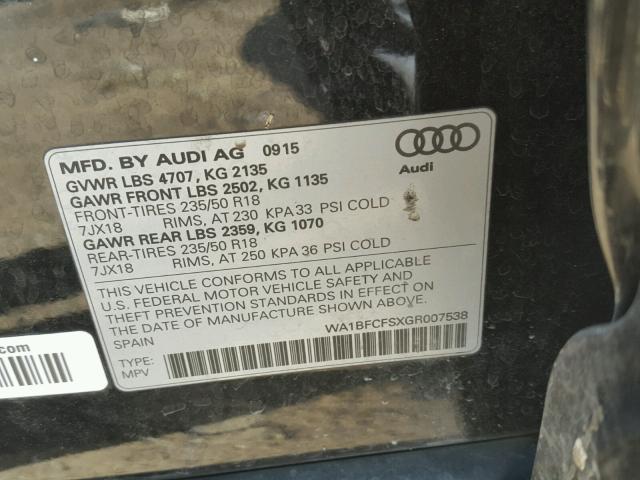 WA1BFCFSXGR007538 - 2016 AUDI Q3 PREMIUM BLACK photo 10