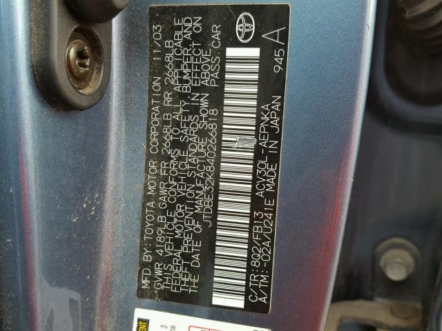 JTDBE32K840266818 - 2004 TOYOTA CAMRY LE BLUE photo 10