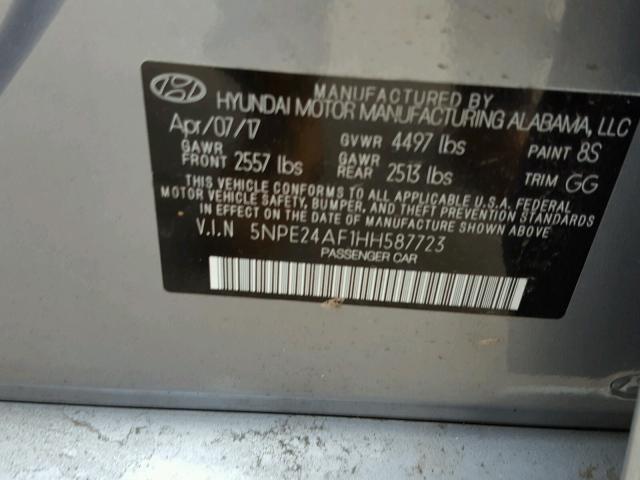 5NPE24AF1HH587723 - 2017 HYUNDAI SONATA SE GRAY photo 10