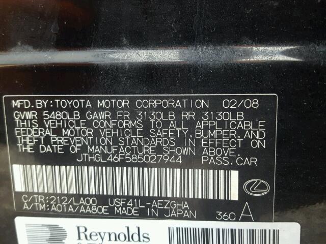 JTHGL46F585027944 - 2008 LEXUS LS BLACK photo 10