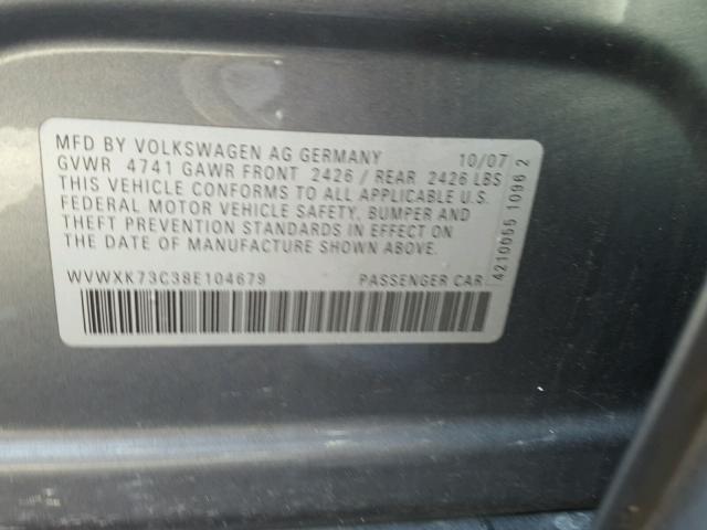 WVWXK73C38E104679 - 2008 VOLKSWAGEN PASSAT GRAY photo 10