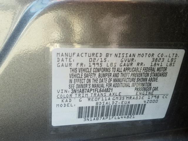 3N1AB7AP1FL644821 - 2015 NISSAN SENTRA S GRAY photo 10