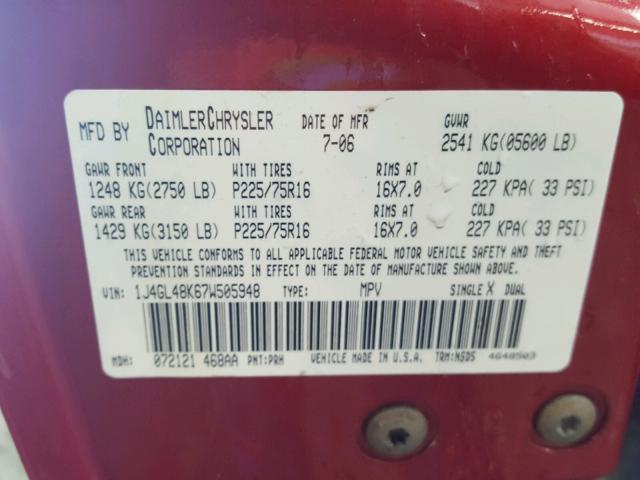 1J4GL48K67W505948 - 2007 JEEP LIBERTY SP RED photo 10