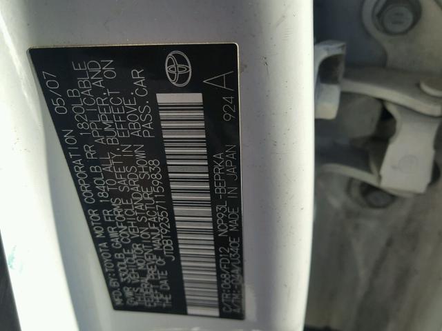 JTDBT923571159838 - 2007 TOYOTA YARIS WHITE photo 10