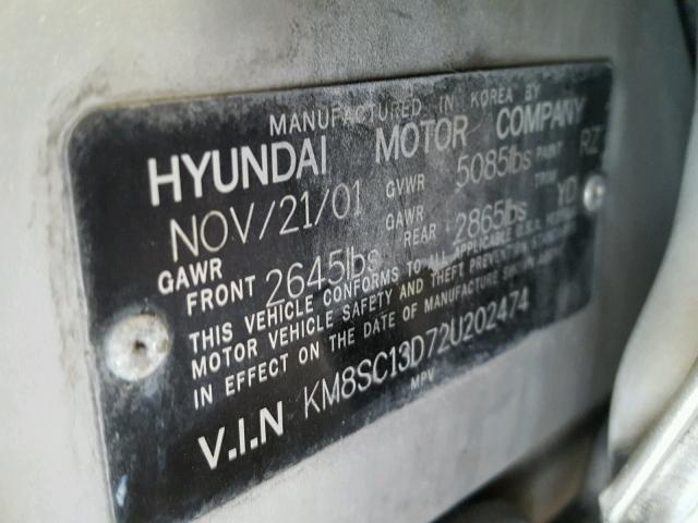 KM8SC13D72U202474 - 2002 HYUNDAI SANTA FE SILVER photo 10