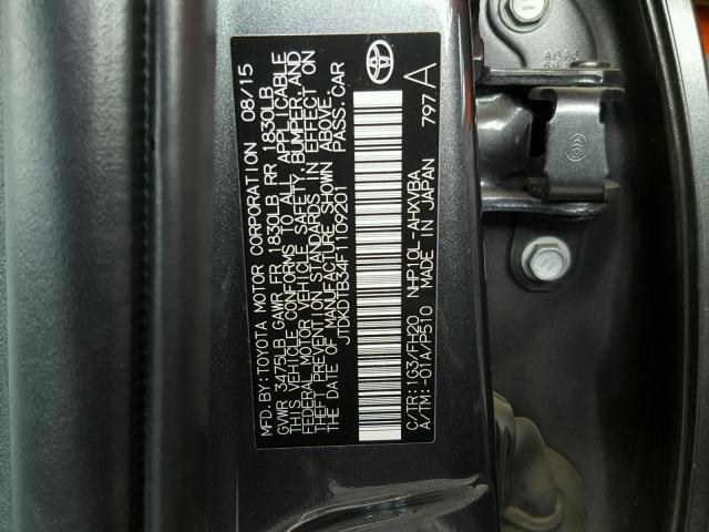 JTDKDTB34F1109201 - 2015 TOYOTA PRIUS C CHARCOAL photo 10