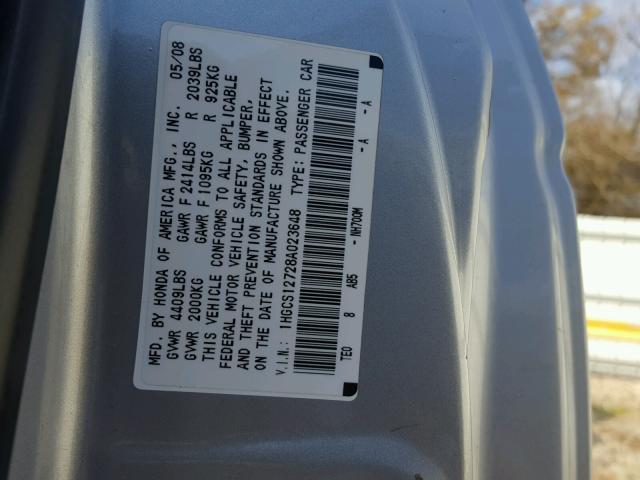 1HGCS12728A023648 - 2008 HONDA ACCORD EX SILVER photo 10