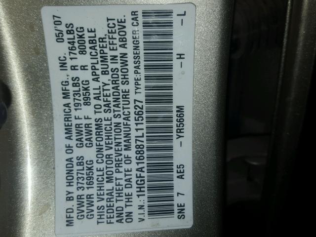 1HGFA16887L115627 - 2007 HONDA CIVIC EX GOLD photo 10
