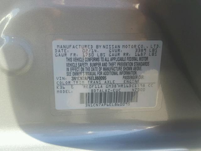 3N1CN7AP6EL860095 - 2014 NISSAN VERSA S GRAY photo 10