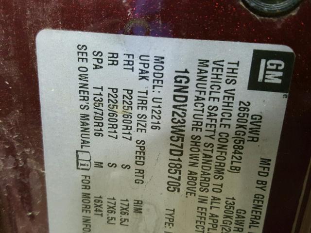 1GNDV23W57D185705 - 2007 CHEVROLET UPLANDER L 勃艮第红 照片 10