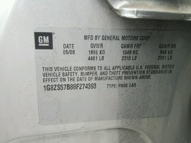 1G8ZS57B88F274393 - 2008 SATURN AURA XE SILVER photo 10