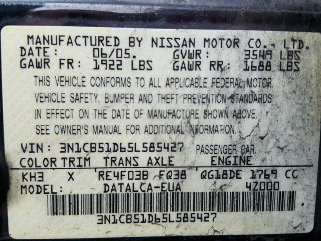 3N1CB51D65L585427 - 2005 NISSAN SENTRA 1.8 BLACK photo 10