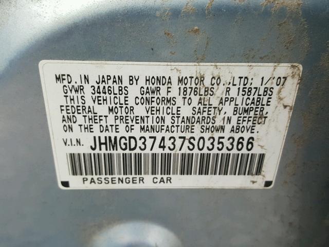 JHMGD37437S035366 - 2007 HONDA FIT SILVER photo 10