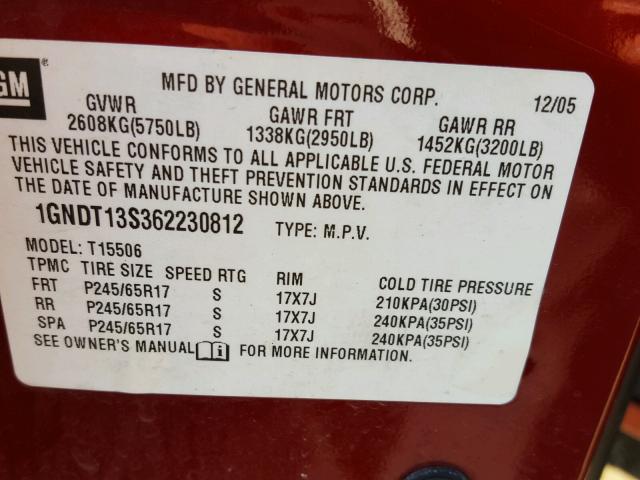 1GNDT13S362230812 - 2006 CHEVROLET TRAILBLAZE RED photo 10