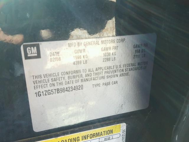 1G1ZG57B984234920 - 2008 CHEVROLET MALIBU LS შავი ფოტო 10